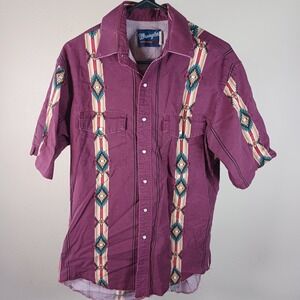 Wrangler Vtg  Short Sleeve Southwestern Aztec Stripes Burgundy Pearl Snap Shirt